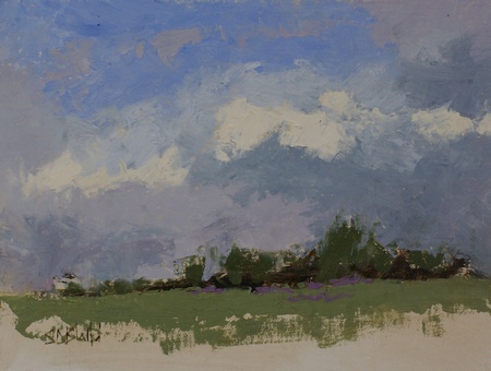 A plein air painting of a lavender farm.